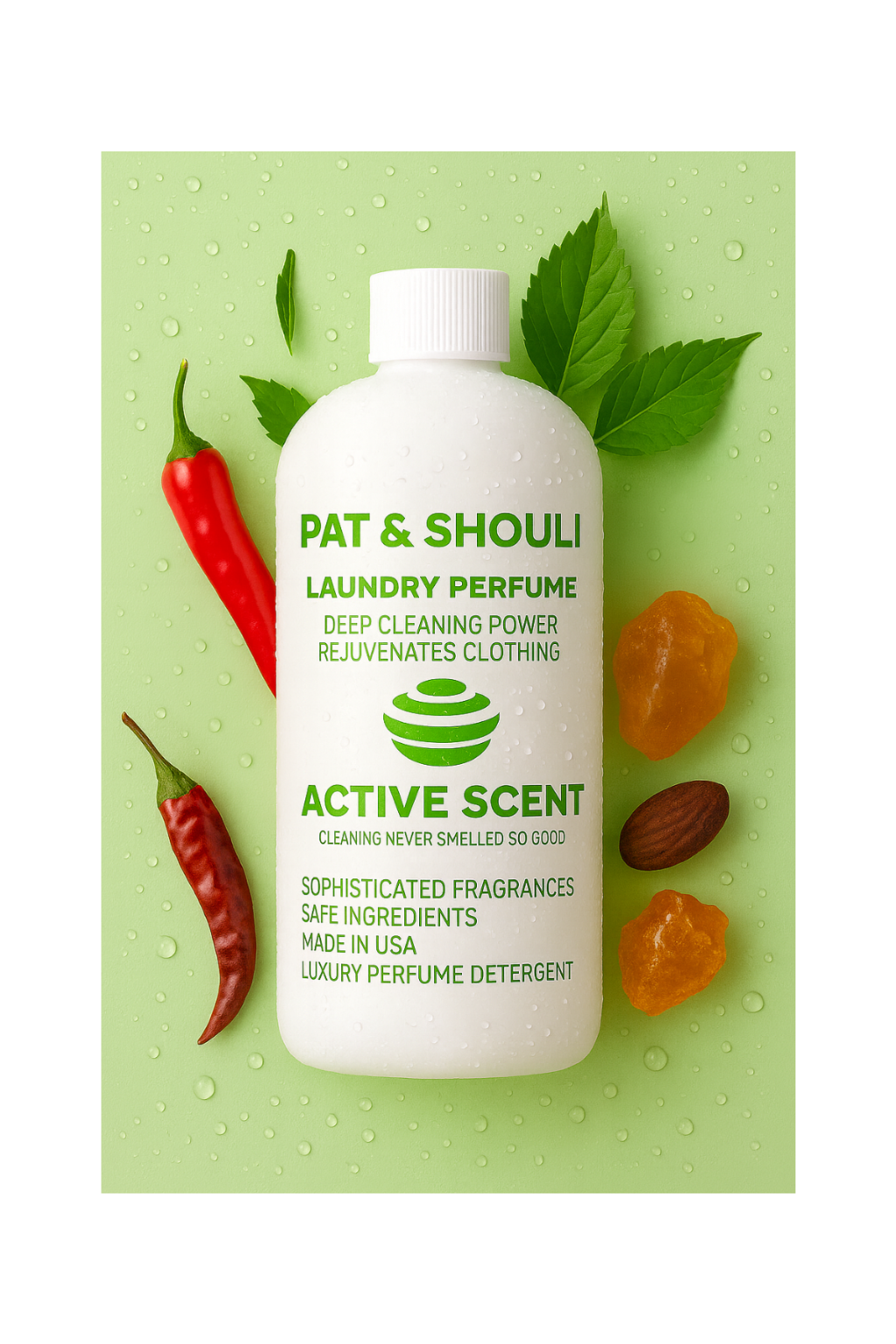 White bottle of Pat & Shouli laundry perfume with green leaves, red peppers, and orange fruits on a light green background.