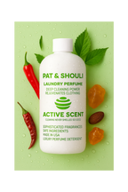 White bottle of Pat & Shouli laundry perfume with green leaves, red peppers, and orange fruits on a light green background.