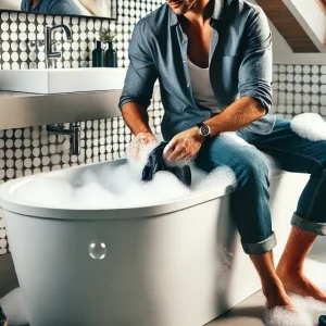 DALL·E 2024-08-19 11.38.55 - A scene featuring a man in a modern, luxurious bathroom setting, sitting in a bathtub filled with bubbles while doing laundry. The man is casually was