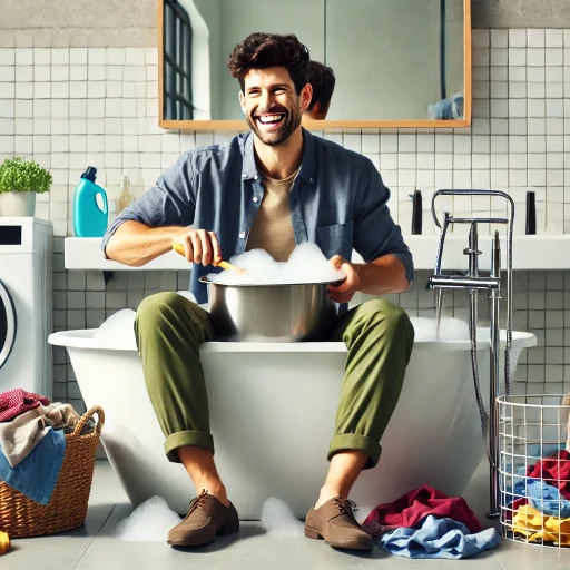 ACTICE SCENT happy man in a modern, luxurious bathroom setting, sitting in a bathtub filled with bubbles while doing laundry.